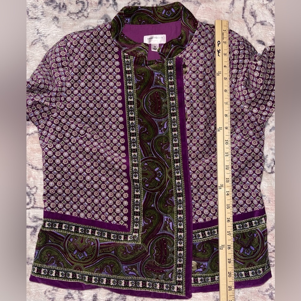 Isaac Mizrahi Artisan Velvet Paisley Jacket in Purple and Olive Size Medium - Picture 4 of 10